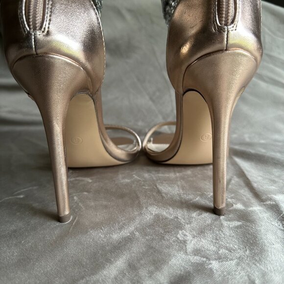 Liliana Rose Gold Open Toe Stiletto Heels with Rhinestone Ankle Strap - Picture 3 of 9